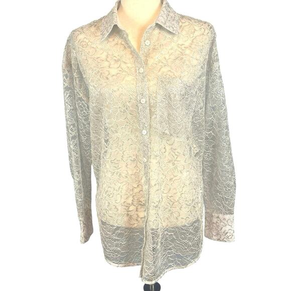 Anthropologie Metallic Lace Button Down Shirt Light Gray Silver X-Small - Picture 6 of 11